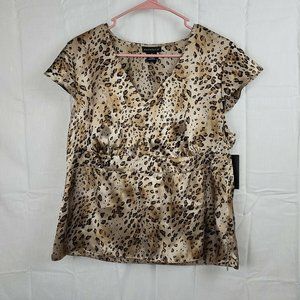 Rafaella Womens Beige Black Short Sleeve V Neck Pullover Blouse Top Size 14